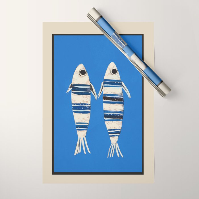 Minimal Fish on Blue Wrapping Paper Gallery Image 1