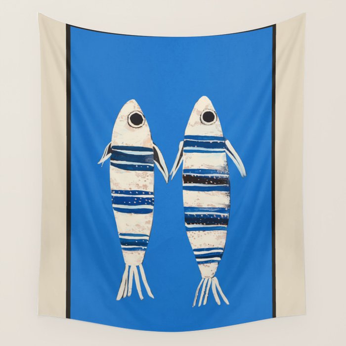 Minimal Fish on Blue Wall Tapestry Gallery Image 1