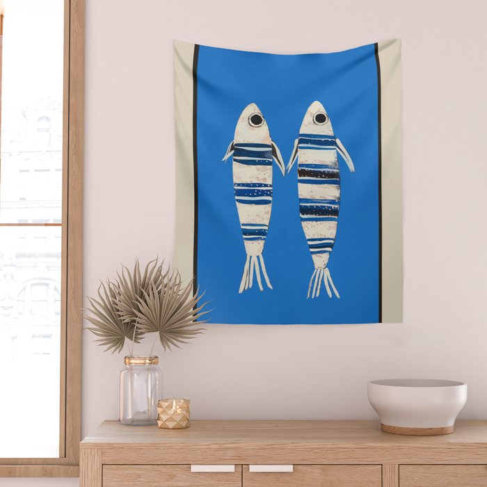Minimal Fish on Blue Wall Tapestry Gallery Image 2