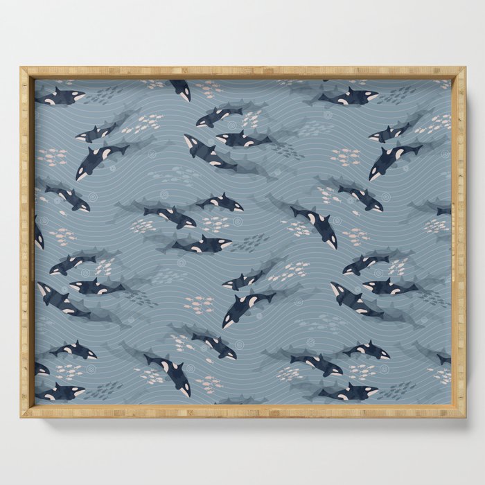 Orca in Motion / blue-gray ocean pattern Serving Tray Gallery Image 1