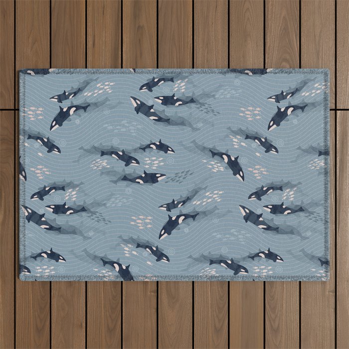 Orca in Motion / blue-gray ocean pattern Outdoor Rug Gallery Image 1