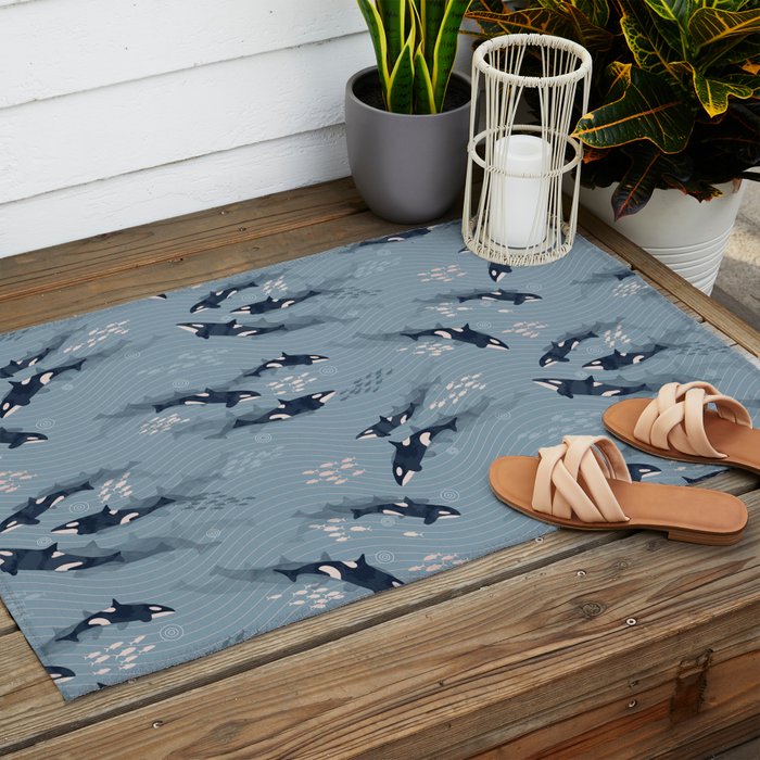 Orca in Motion / blue-gray ocean pattern Outdoor Rug Gallery Image 2