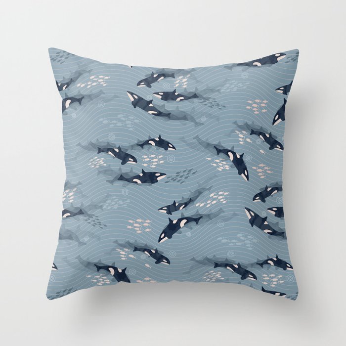 Orca in Motion / blue-gray ocean pattern Throw Pillow Gallery Image 6