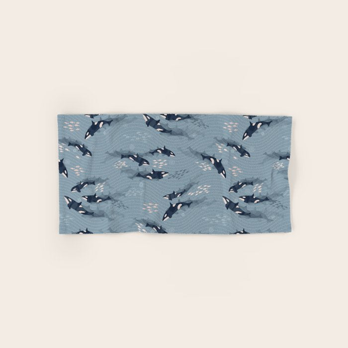 Orca in Motion / blue-gray ocean pattern Bath Towel Gallery Image 1