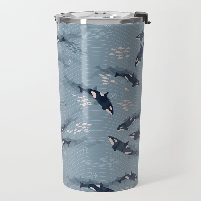Orca in Motion / blue-gray ocean pattern Travel Mug Gallery Image 2