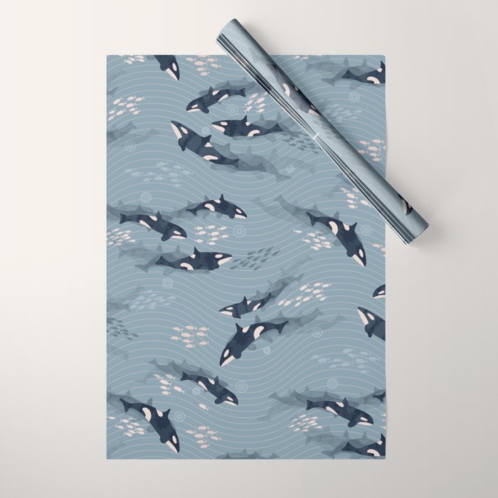Orca in Motion / blue-gray ocean pattern Wrapping Paper Gallery Image 1