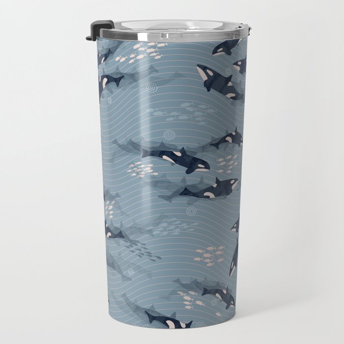 Orca in Motion / blue-gray ocean pattern Travel Mug Gallery Image 3
