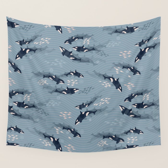 Orca in Motion / blue-gray ocean pattern Wall Tapestry Gallery Image 4