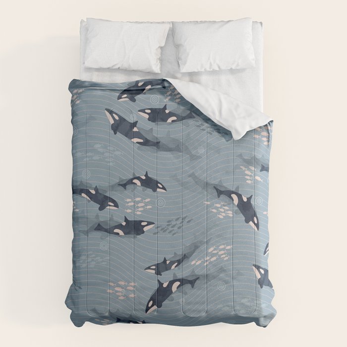 Orca in Motion / blue-gray ocean pattern Comforter Gallery Image 1