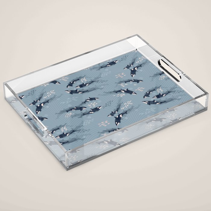 Orca in Motion / blue-gray ocean pattern Acrylic Tray Gallery Image 1