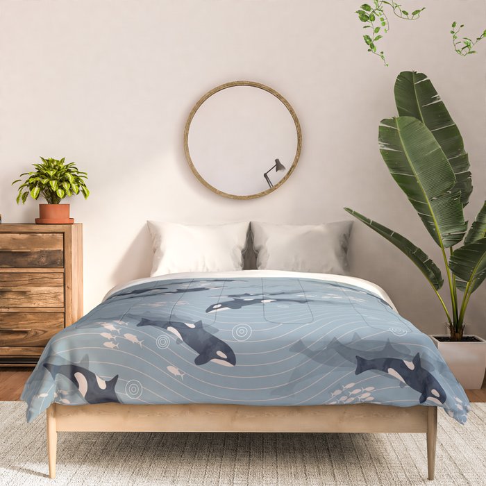 Orca in Motion / blue-gray ocean pattern Comforter Gallery Image 3