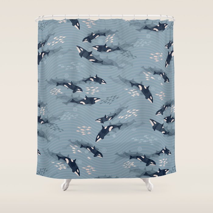 Orca in Motion / blue-gray ocean pattern Shower Curtain Gallery Image 1