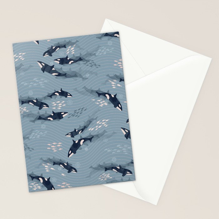 Orca in Motion / blue-gray ocean pattern Stationery Card Gallery Image 2