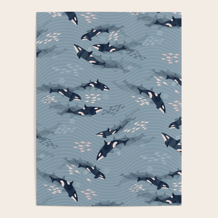 Orca in Motion / blue-gray ocean pattern Poster Gallery Image 4