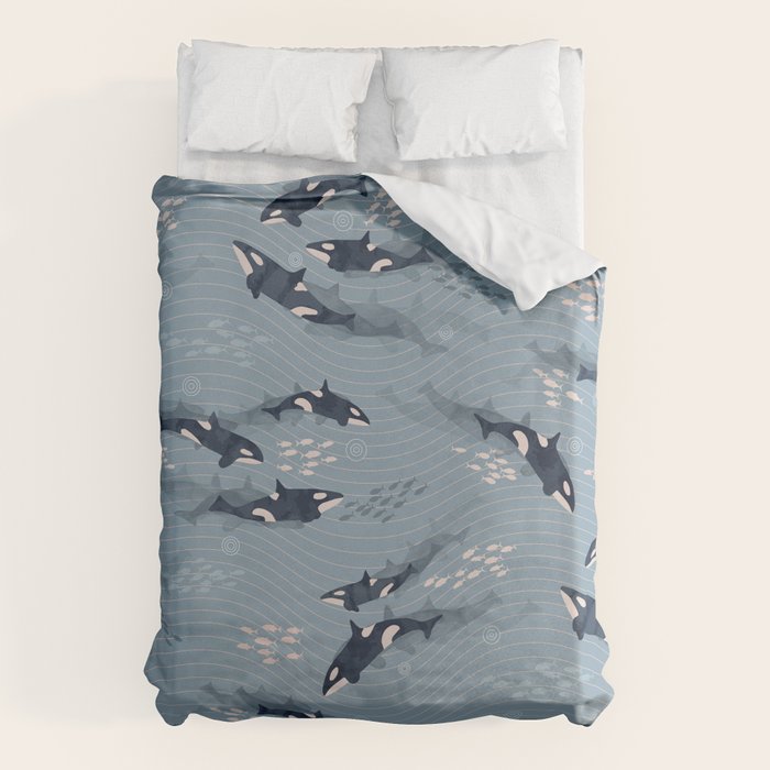 Orca in Motion / blue-gray ocean pattern Duvet Cover Gallery Image 1