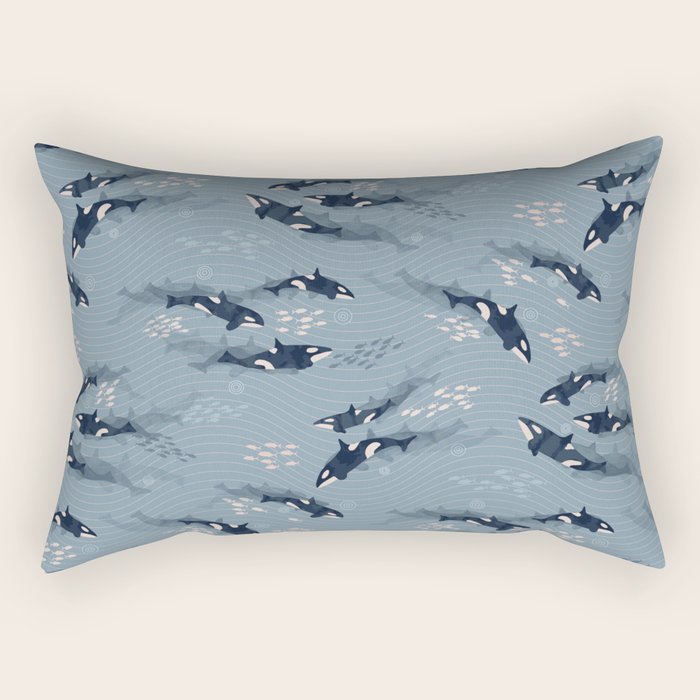 Orca in Motion / blue-gray ocean pattern Rectangular Pillow Gallery Image 1
