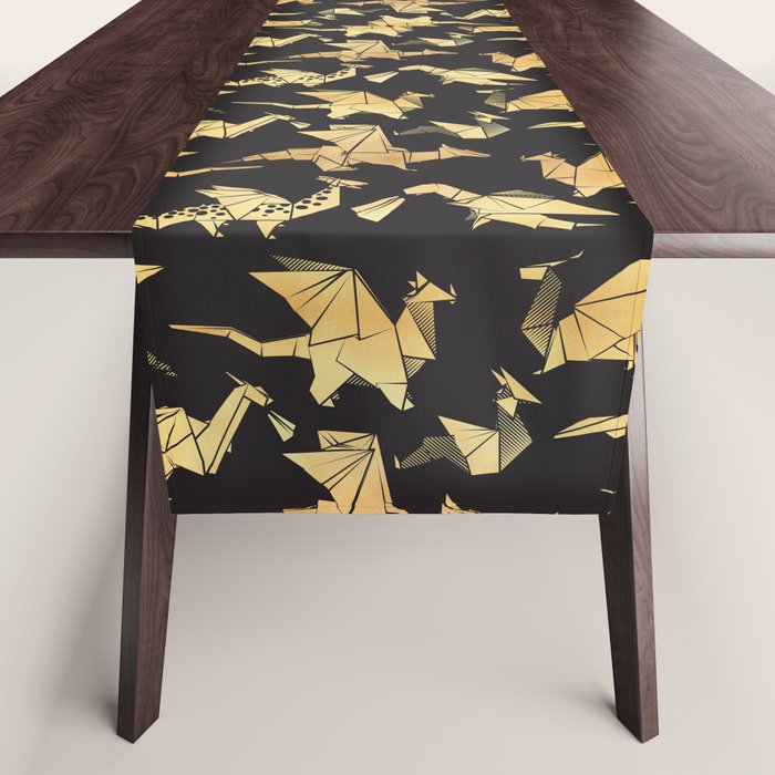 Origami metallic dragon friends // black background golden fantasy animals Table Runner Gallery Image 1