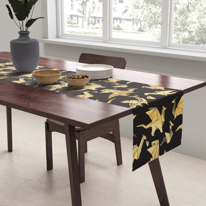 Origami metallic dragon friends // black background golden fantasy animals Table Runner Gallery Image 2