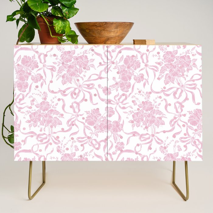 Vintage blush pink white bow floral polka dots Credenza Gallery Image 1