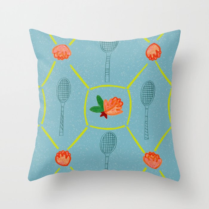 Tennis Rackets & Roses in Warm Blue & Peach Throw Pillow Gallery Image 1