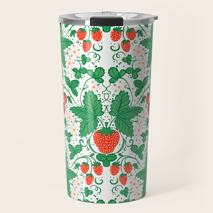 Fresh Strawberry Vine and Floral Pattern on White Travel Mug Gallery Image 1