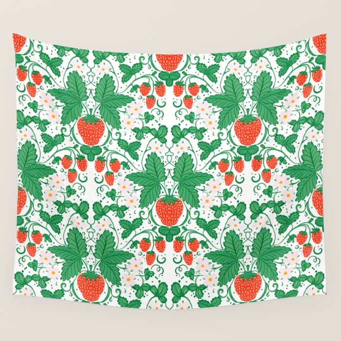 Fresh Strawberry Vine and Floral Pattern on White Wall Tapestry Gallery Image 4