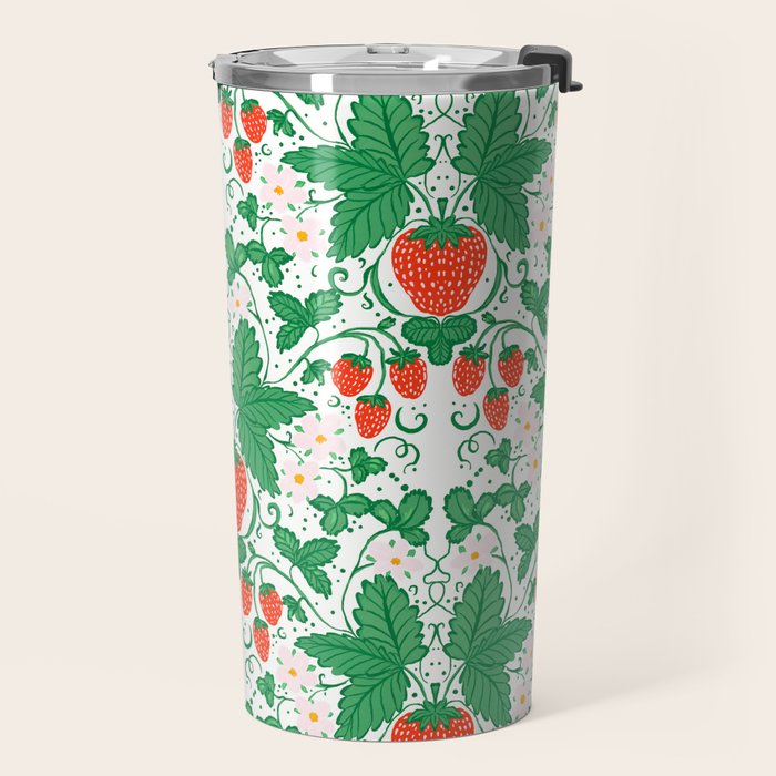 Fresh Strawberry Vine and Floral Pattern on White Travel Mug Gallery Image 2