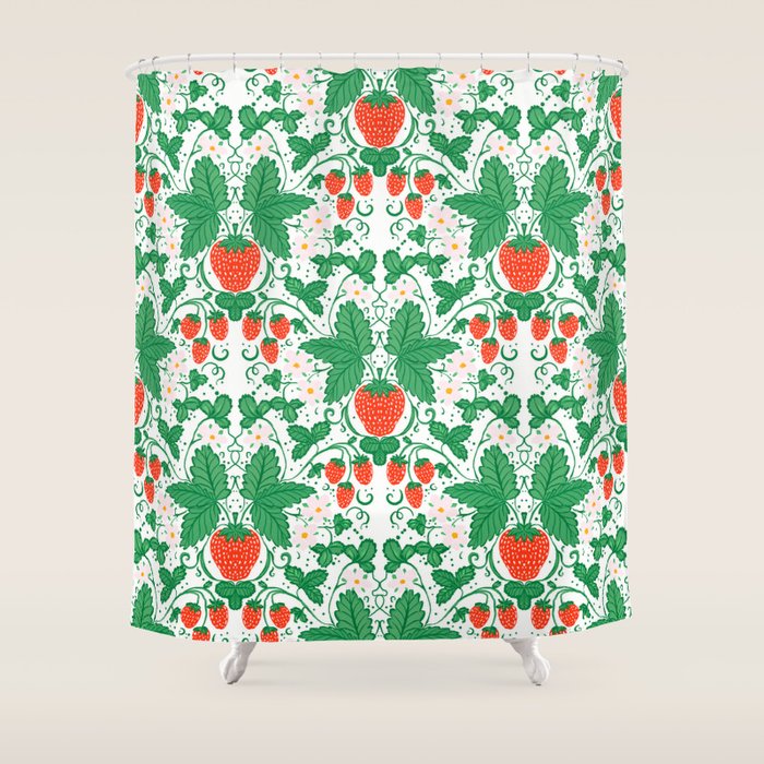 Fresh Strawberry Vine and Floral Pattern on White Shower Curtain Gallery Image 1