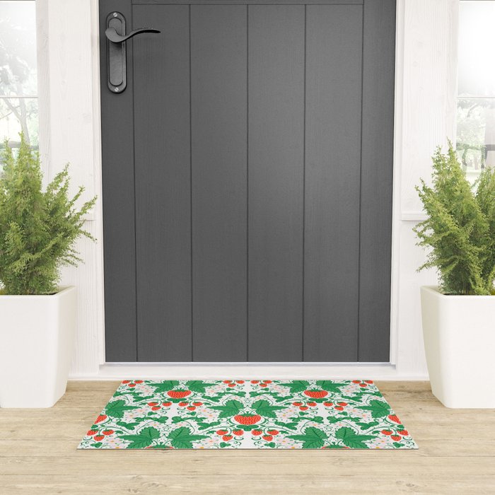 Fresh Strawberry Vine and Floral Pattern on White Welcome Mat Gallery Image 3