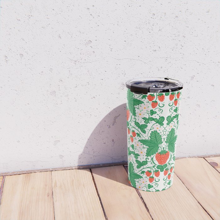 Fresh Strawberry Vine and Floral Pattern on White Travel Mug Gallery Image 4