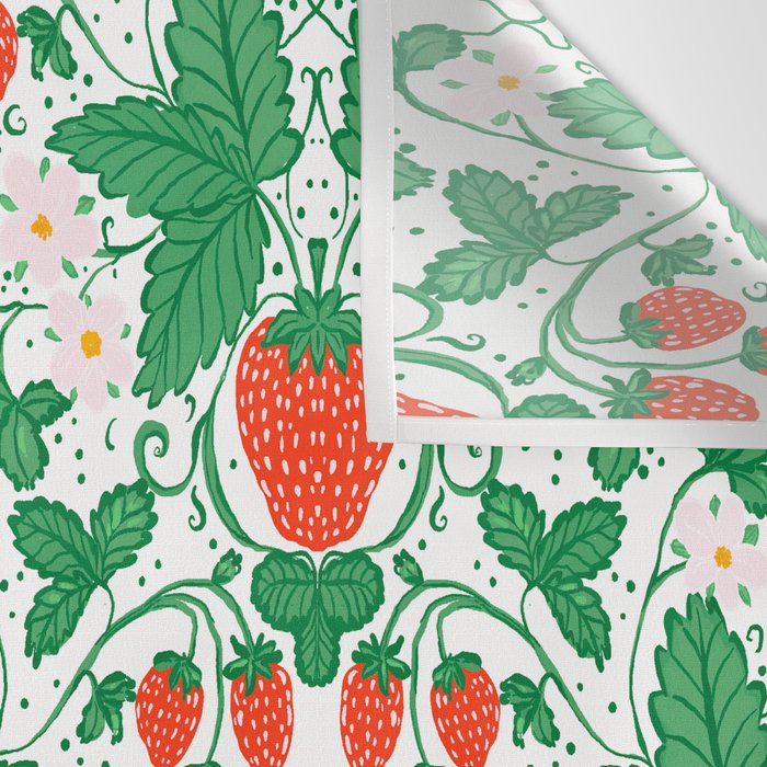 Fresh Strawberry Vine and Floral Pattern on White Wall Tapestry Gallery Image 3