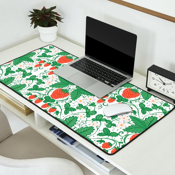 Fresh Strawberry Vine and Floral Pattern on White Desk Mat Gallery Image 2