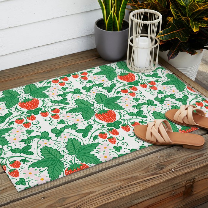 Fresh Strawberry Vine and Floral Pattern on White Outdoor Rug Gallery Image 2