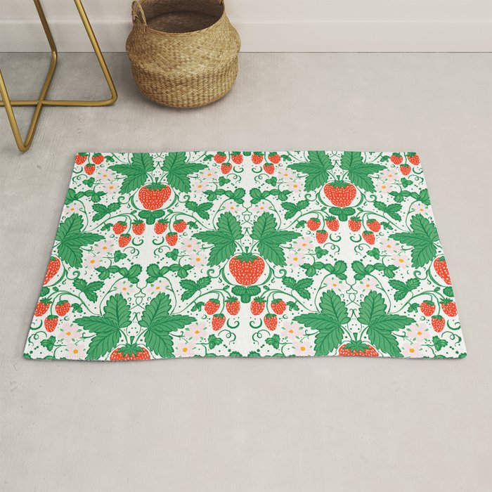 Fresh Strawberry Vine and Floral Pattern on White Rug Gallery Image 1