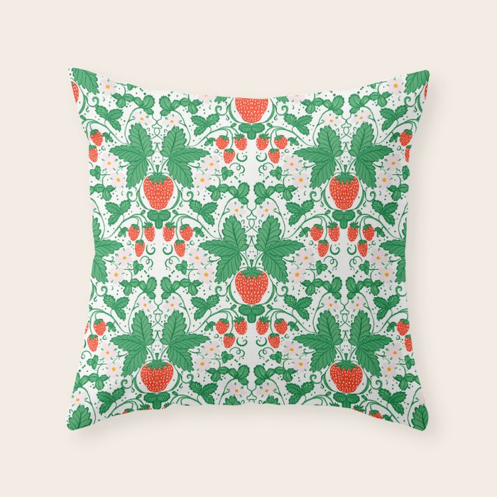 Fresh Strawberry Vine and Floral Pattern on White Throw Pillow Gallery Image 6