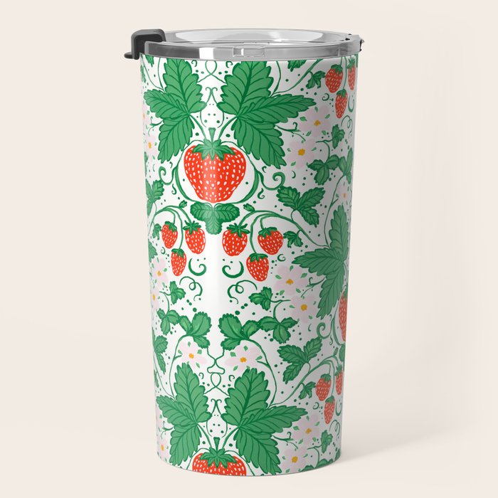 Fresh Strawberry Vine and Floral Pattern on White Travel Mug Gallery Image 3