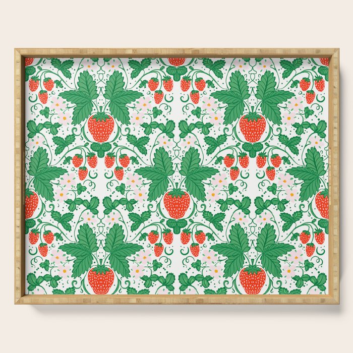 Fresh Strawberry Vine and Floral Pattern on White Serving Tray Gallery Image 1
