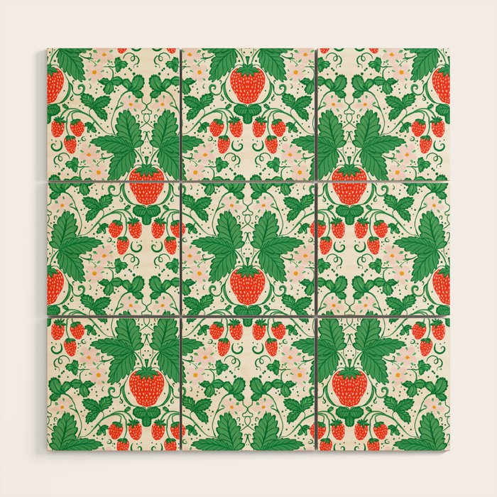 Fresh Strawberry Vine and Floral Pattern on White Wood Wall Art Gallery Image 1