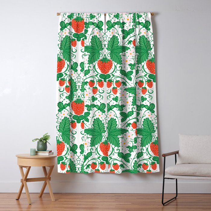 Fresh Strawberry Vine and Floral Pattern on White Window Curtain Gallery Image 5