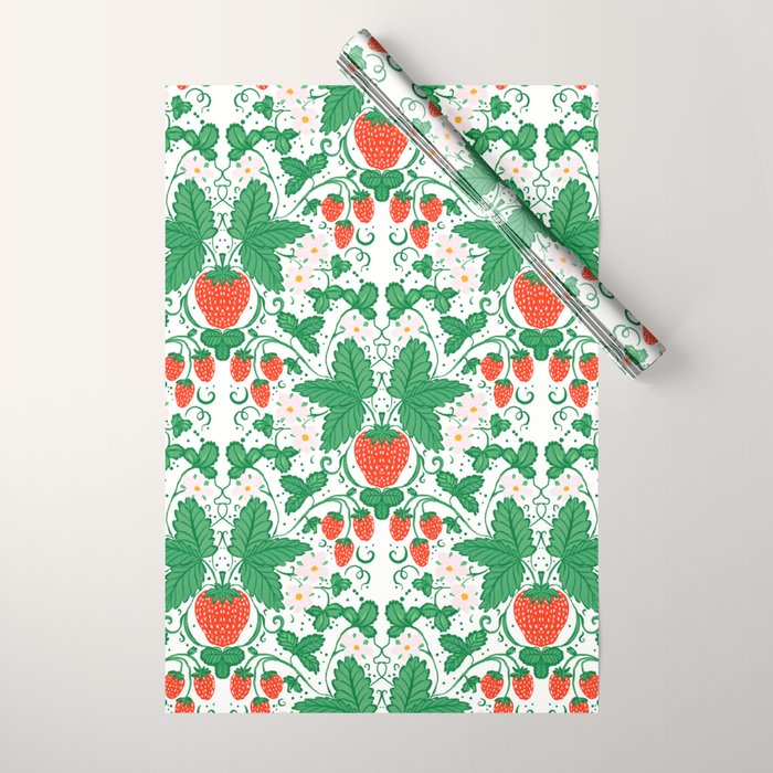Fresh Strawberry Vine and Floral Pattern on White Wrapping Paper Gallery Image 1