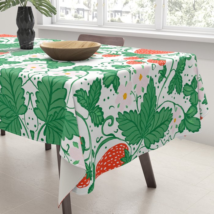 Fresh Strawberry Vine and Floral Pattern on White Tablecloth Gallery Image 3