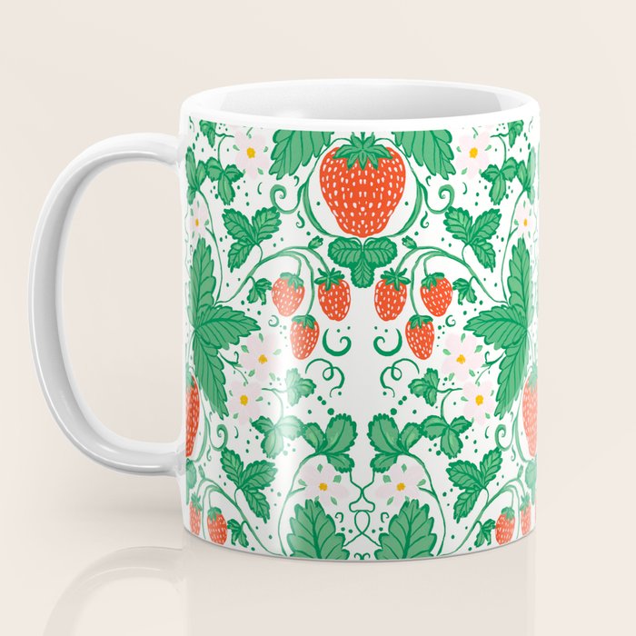 Fresh Strawberry Vine and Floral Pattern on White Coffee Mug Gallery Image 3