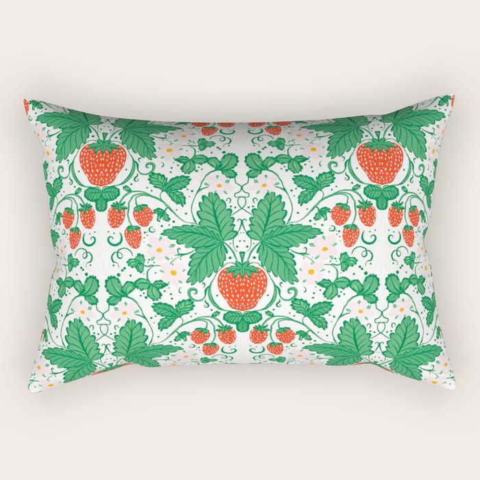 Fresh Strawberry Vine and Floral Pattern on White Rectangular Pillow Gallery Image 1