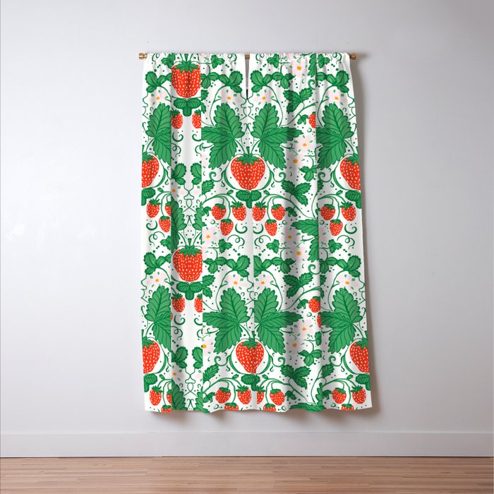 Fresh Strawberry Vine and Floral Pattern on White Window Curtain Gallery Image 3
