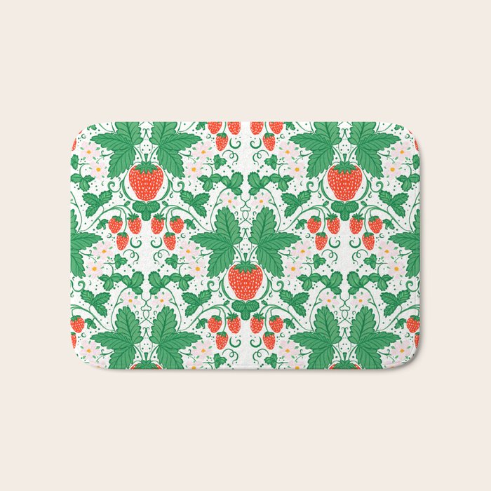Fresh Strawberry Vine and Floral Pattern on White Bath Mat Gallery Image 1