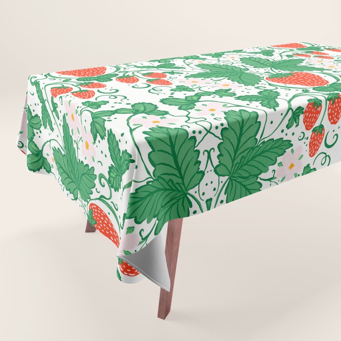 Fresh Strawberry Vine and Floral Pattern on White Tablecloth Gallery Image 1
