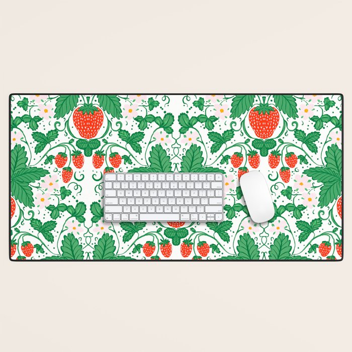 Fresh Strawberry Vine and Floral Pattern on White Desk Mat Gallery Image 1