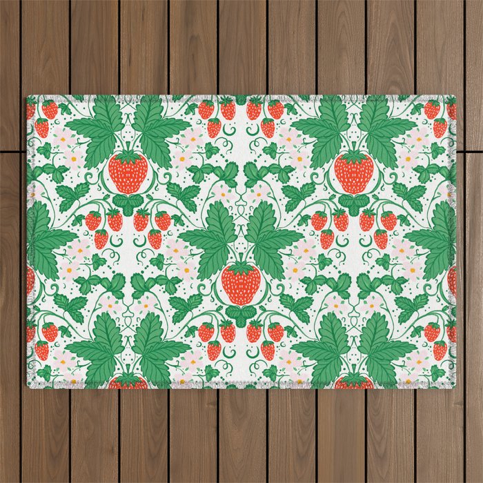 Fresh Strawberry Vine and Floral Pattern on White Outdoor Rug Gallery Image 1