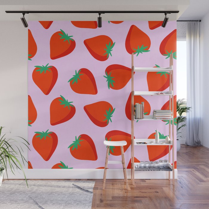 Bold and Vibrant Minimal Strawberry Pattern Pink Red Wall Mural Gallery Image 1