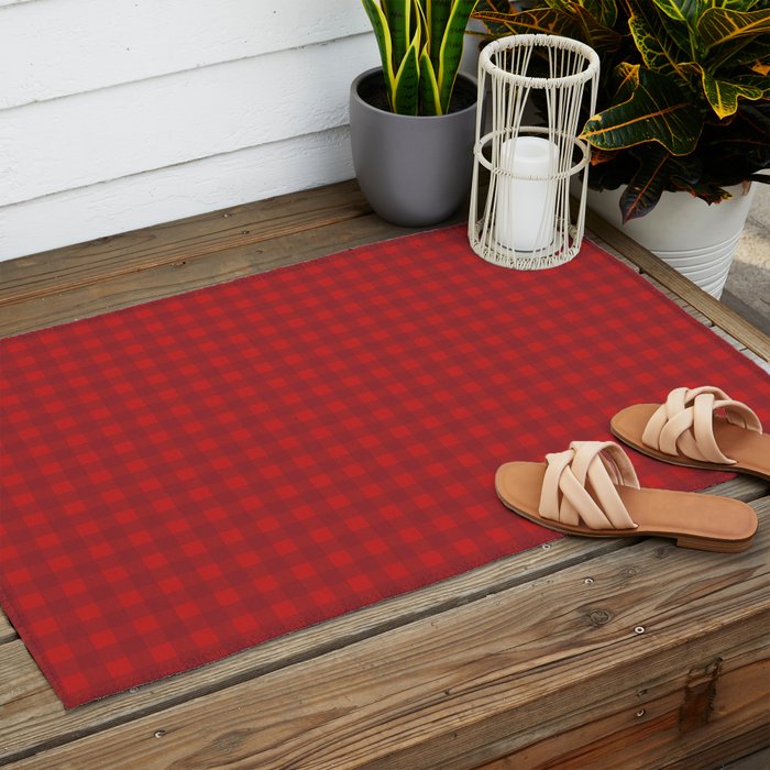 Cherry Red Gingham Check Pattern Outdoor Rug Gallery Image 2